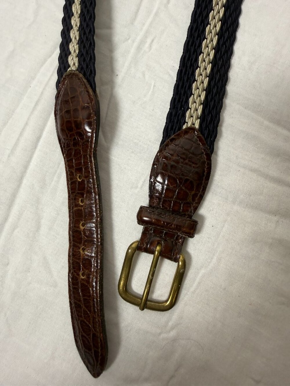Brooks Brothers Blue and Beige Woven Belt Alligator Embossed Dk Brown Leather 34